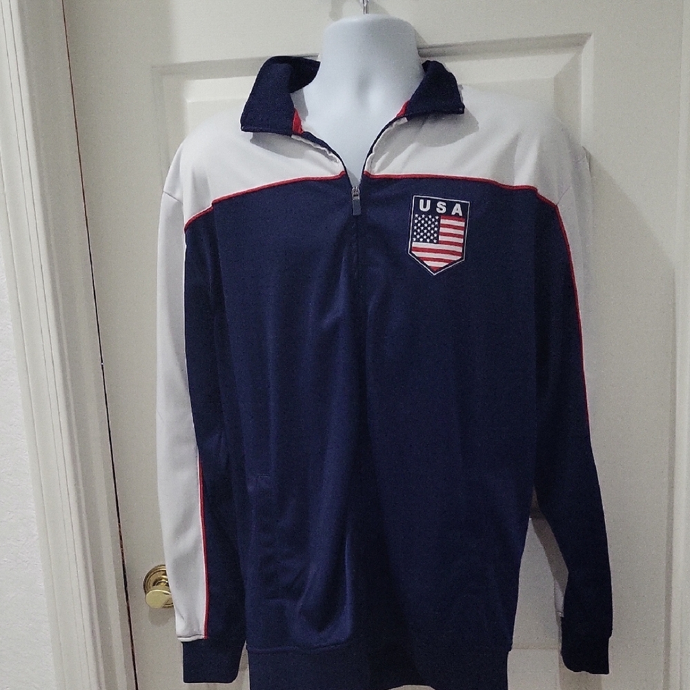 USA Men's Navy and White Zip-Up Sweater